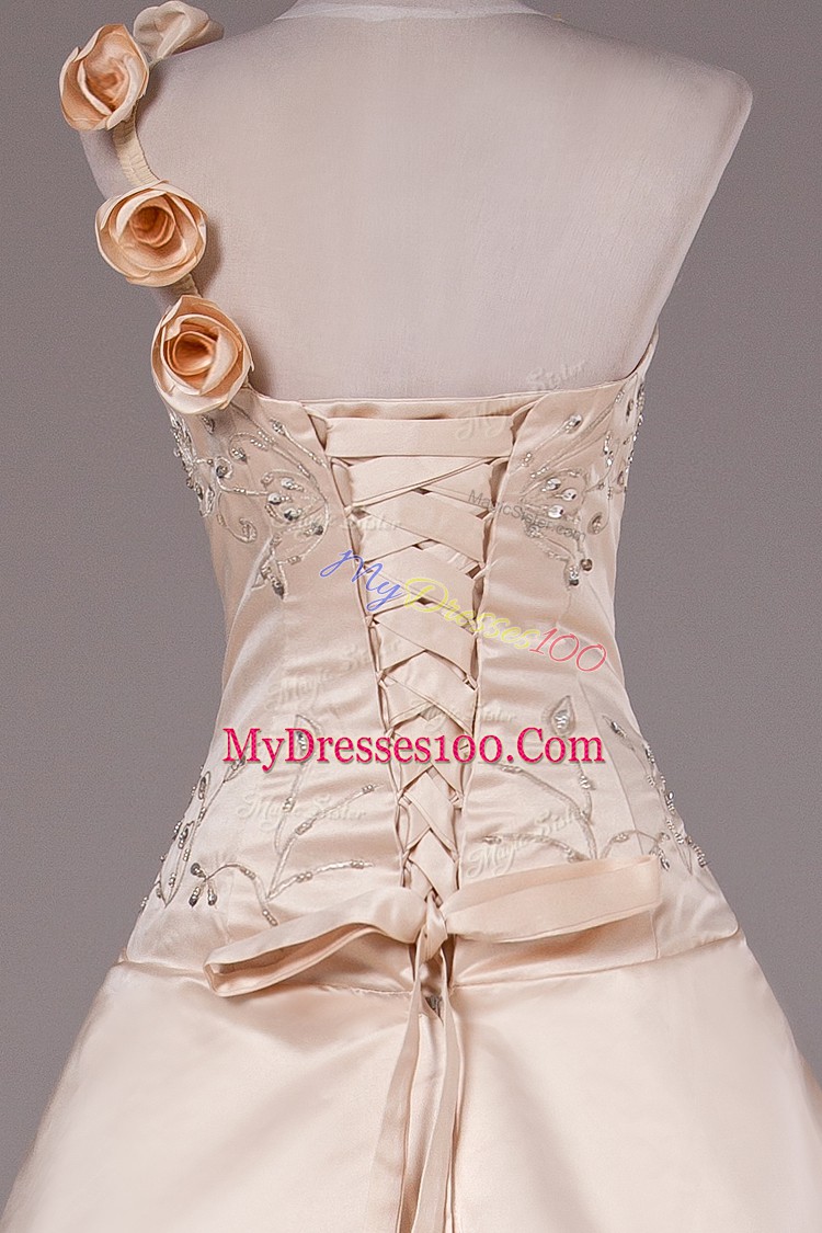 Modest Champagne Quinceanera Gowns Sweet 16 and Quinceanera with Embroidery and Hand Made Flower One Shoulder Sleeveless Brush Train Lace Up