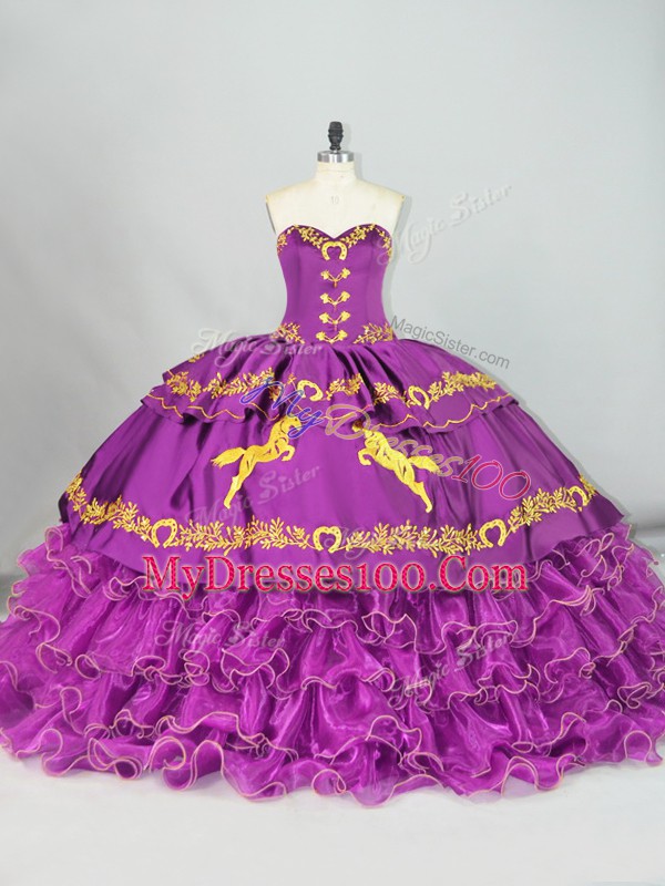 Extravagant Purple Sweet 16 Dress Satin and Organza Brush Train Sleeveless Embroidery and Ruffles
