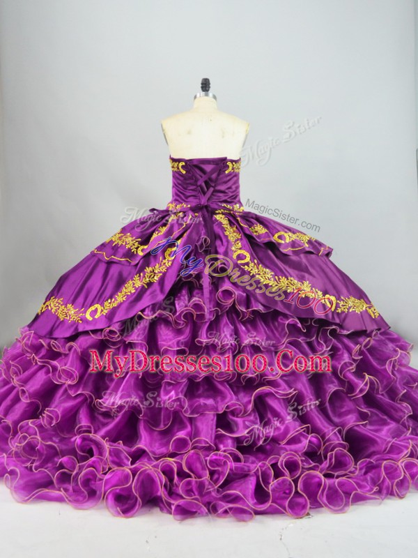 Extravagant Purple Sweet 16 Dress Satin and Organza Brush Train Sleeveless Embroidery and Ruffles