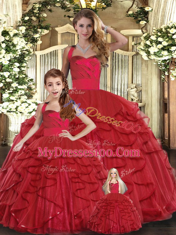 Red Ball Gowns Ruffles Quinceanera Gowns Lace Up Tulle Sleeveless Floor Length