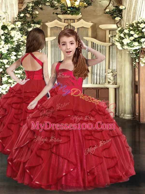 Red Ball Gowns Ruffles Quinceanera Gowns Lace Up Tulle Sleeveless Floor Length