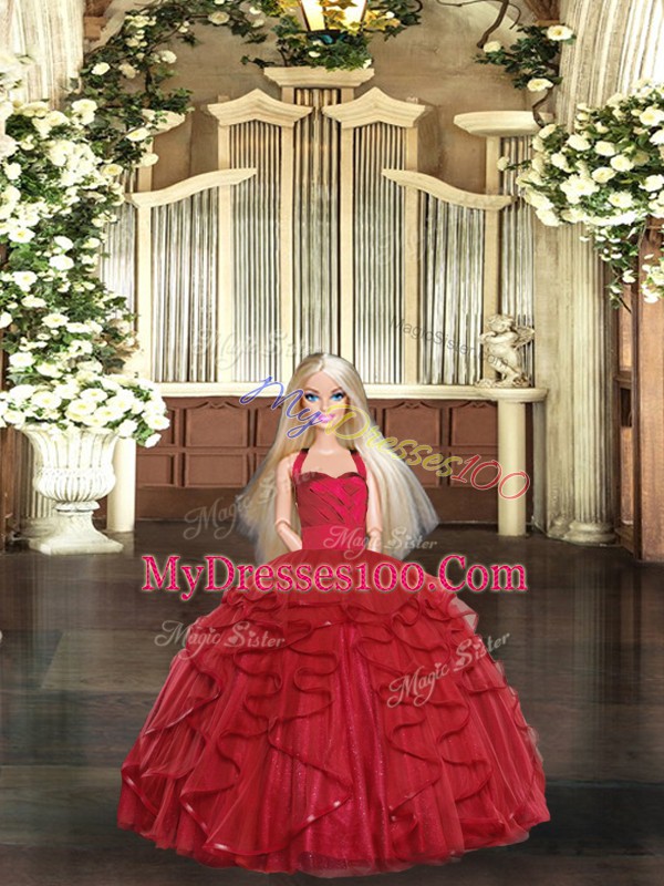 Red Ball Gowns Ruffles Quinceanera Gowns Lace Up Tulle Sleeveless Floor Length