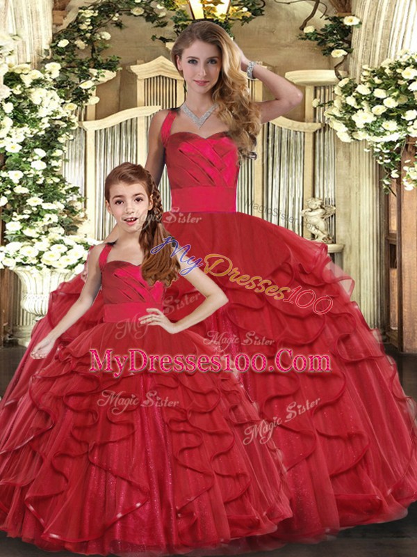 Red Ball Gowns Ruffles Quinceanera Gowns Lace Up Tulle Sleeveless Floor Length