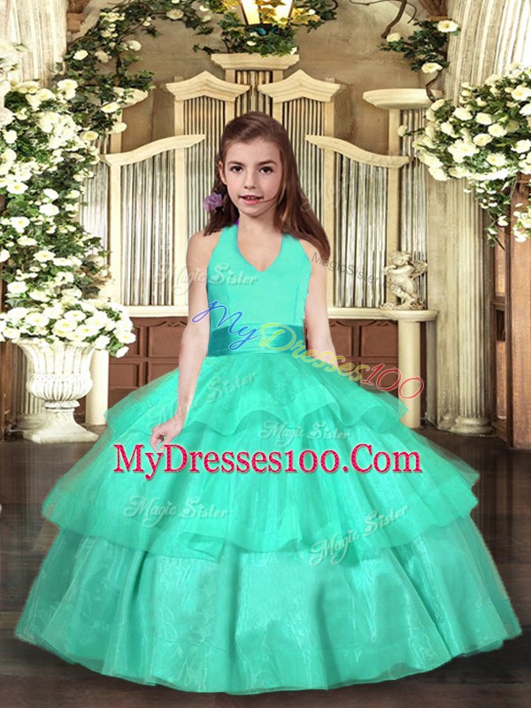 Turquoise Sleeveless Floor Length Ruffled Layers Lace Up Pageant Gowns For Girls