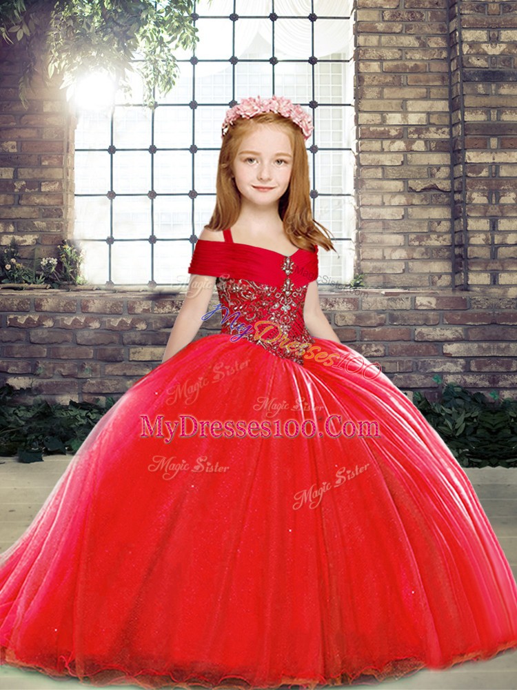 Red Sleeveless Tulle Brush Train Lace Up Little Girl Pageant Gowns for Party and Sweet 16 and Wedding Party