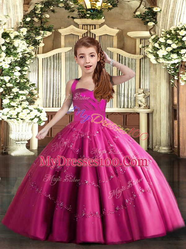 Enchanting Fuchsia Ball Gowns Straps Sleeveless Tulle Floor Length Lace Up Beading Little Girls Pageant Dress