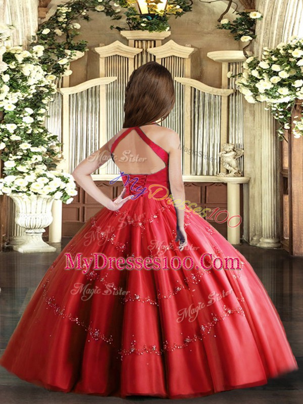 Enchanting Fuchsia Ball Gowns Straps Sleeveless Tulle Floor Length Lace Up Beading Little Girls Pageant Dress