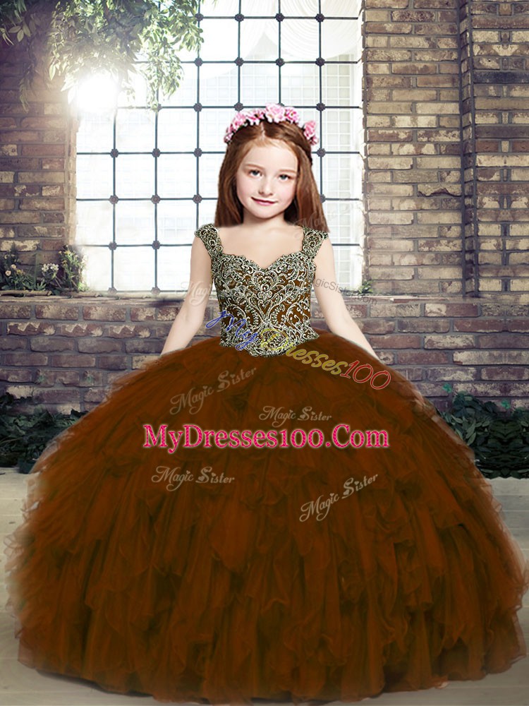 Floor Length Lace Up Glitz Pageant Dress Brown for Wedding Party with Beading and Ruffles