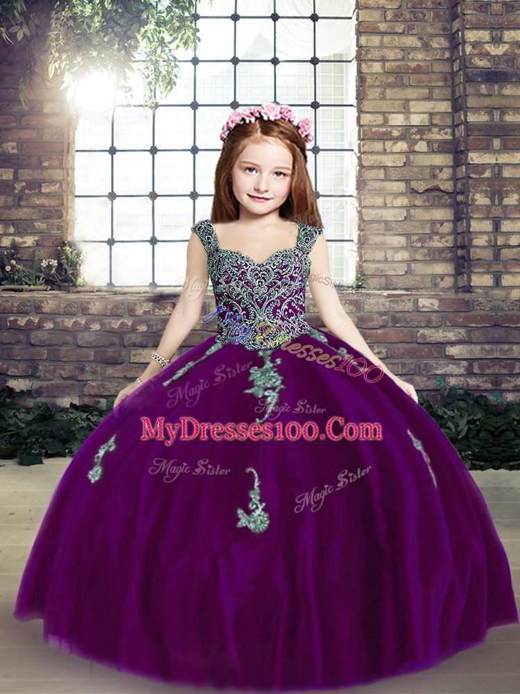 Popular Purple Lace Up Pageant Dress Wholesale Appliques Sleeveless Floor Length