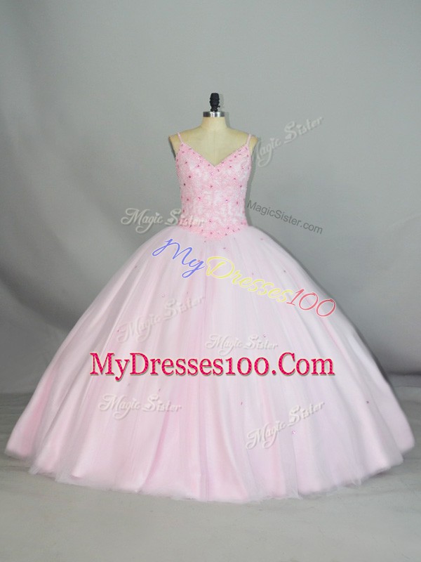 Sleeveless Tulle Floor Length Lace Up Vestidos de Quinceanera in Baby Pink with Beading and Lace