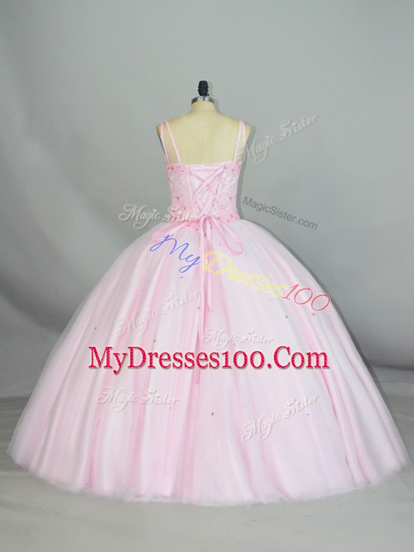 Sleeveless Tulle Floor Length Lace Up Vestidos de Quinceanera in Baby Pink with Beading and Lace