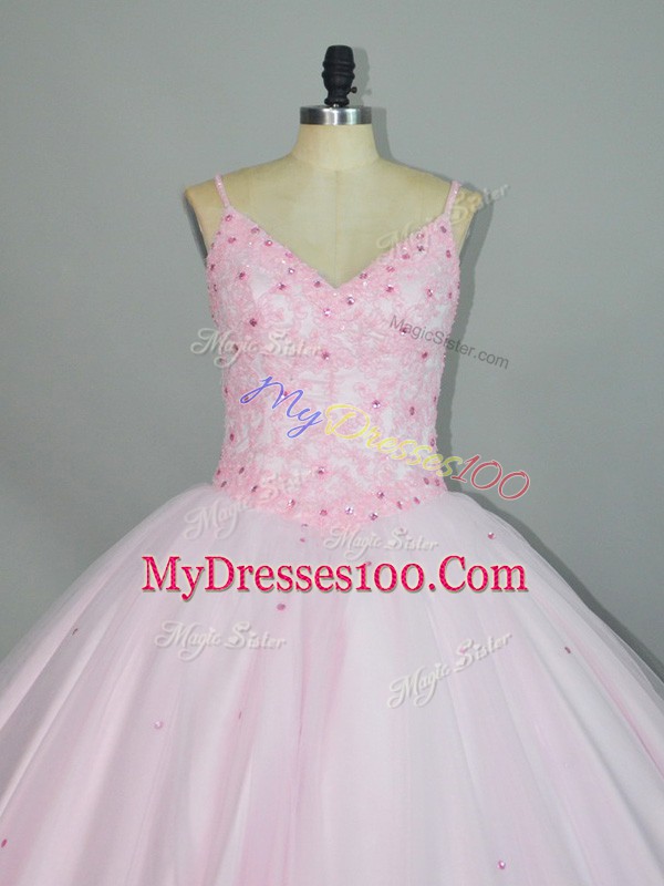 Sleeveless Tulle Floor Length Lace Up Vestidos de Quinceanera in Baby Pink with Beading and Lace