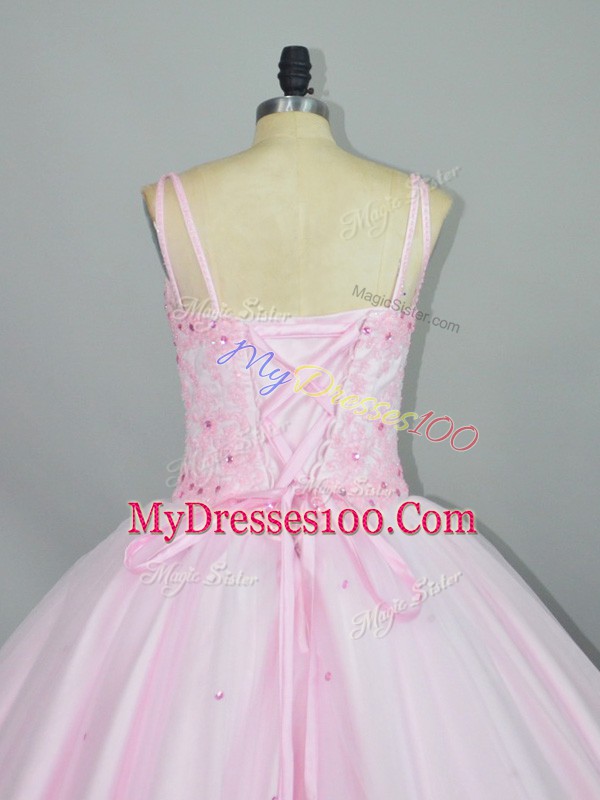Sleeveless Tulle Floor Length Lace Up Vestidos de Quinceanera in Baby Pink with Beading and Lace