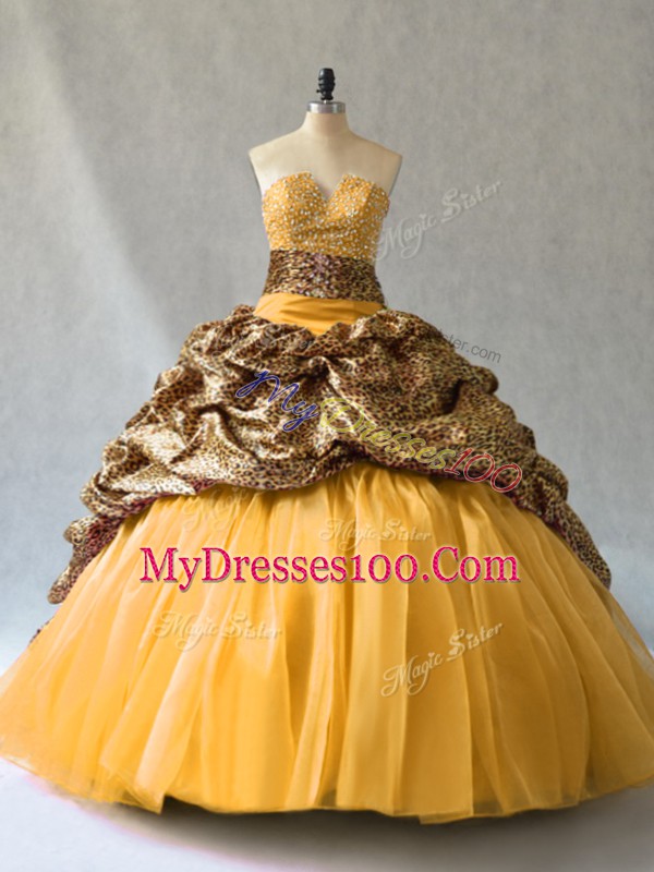Organza V-neck Sleeveless Brush Train Lace Up Beading and Pick Ups Ball Gown Prom Dress in Gold