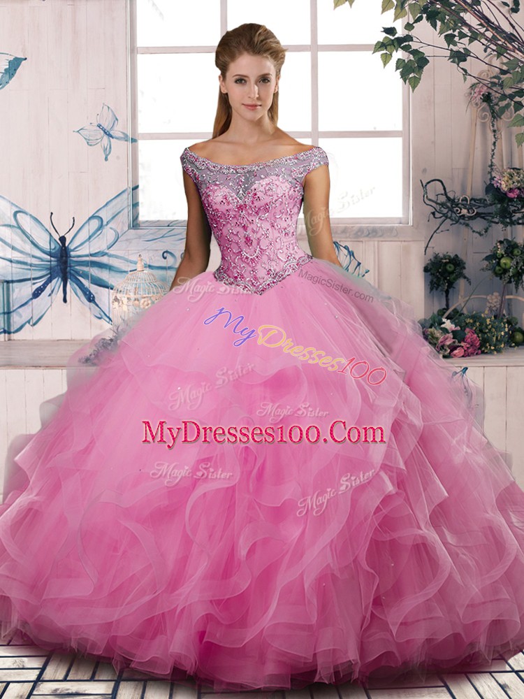 Latest Off The Shoulder Sleeveless Lace Up Quinceanera Gowns Rose Pink Tulle