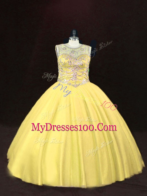 Sumptuous Beading 15th Birthday Dress Gold Lace Up Sleeveless Floor Length