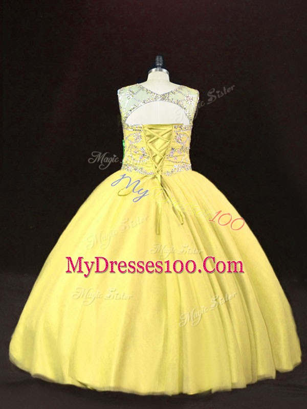 Sumptuous Beading 15th Birthday Dress Gold Lace Up Sleeveless Floor Length