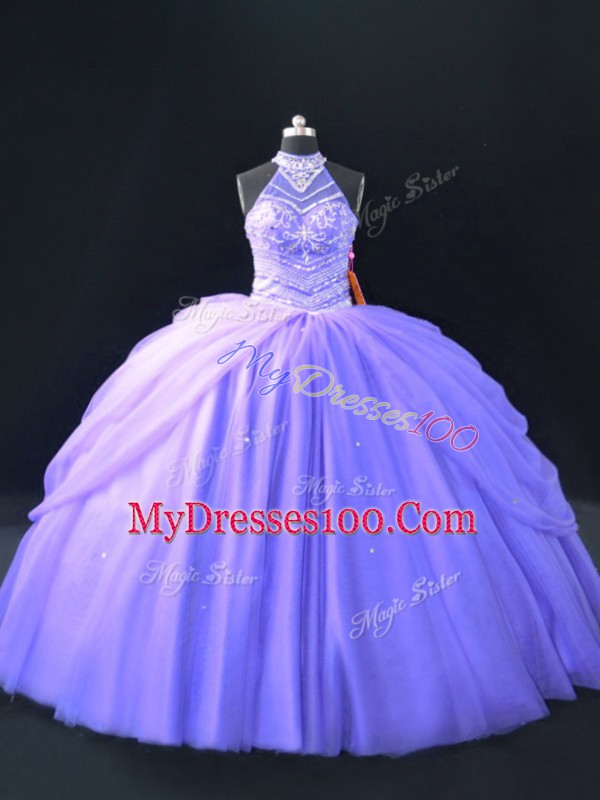 Ball Gowns Quinceanera Dresses Lavender Halter Top Tulle Sleeveless Floor Length Lace Up