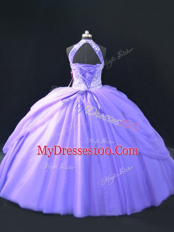 Ball Gowns Quinceanera Dresses Lavender Halter Top Tulle Sleeveless Floor Length Lace Up