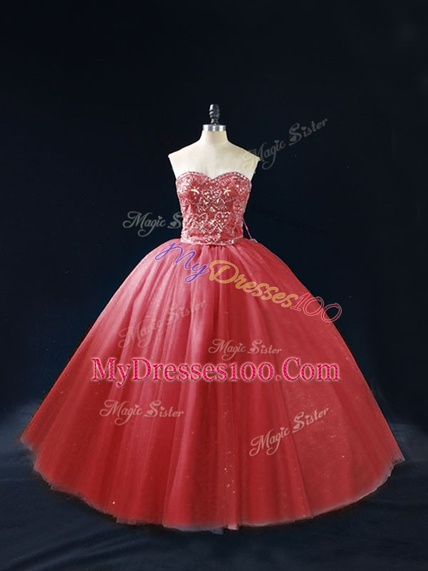 Sleeveless Beading Lace Up Quinceanera Gowns with Red