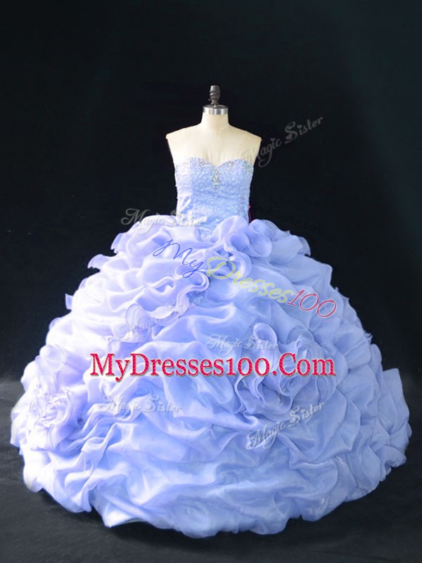 Designer Lavender Sweet 16 Quinceanera Dress Sweet 16 and Quinceanera with Embroidery and Pick Ups and Hand Made Flower Sweetheart Sleeveless Court Train Lace Up
