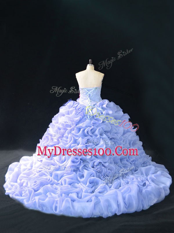 Designer Lavender Sweet 16 Quinceanera Dress Sweet 16 and Quinceanera with Embroidery and Pick Ups and Hand Made Flower Sweetheart Sleeveless Court Train Lace Up