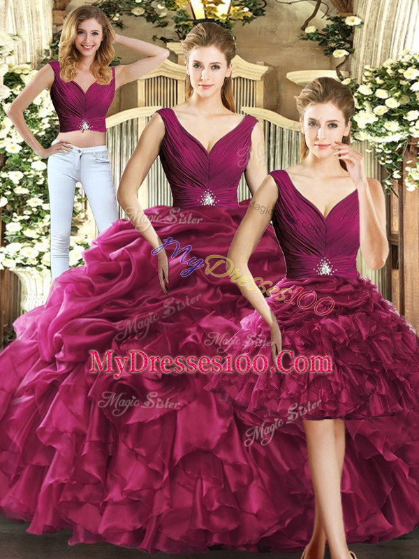Smart Floor Length Burgundy Sweet 16 Dress V-neck Sleeveless Backless