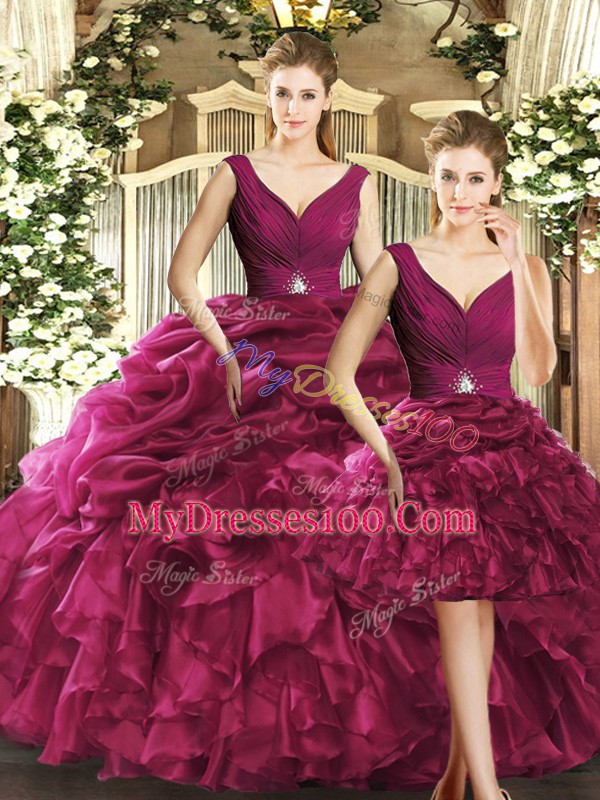 Smart Floor Length Burgundy Sweet 16 Dress V-neck Sleeveless Backless