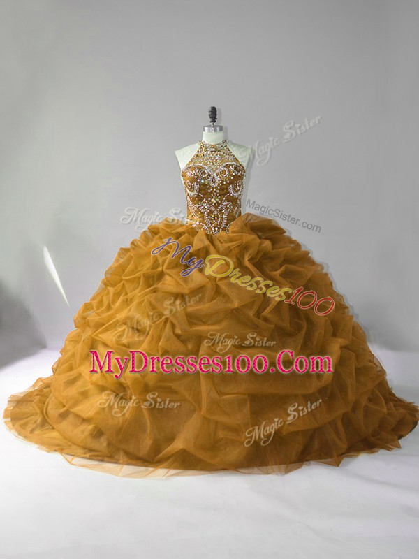 Wonderful Sleeveless Organza Lace Up Sweet 16 Dress in Brown with Beading