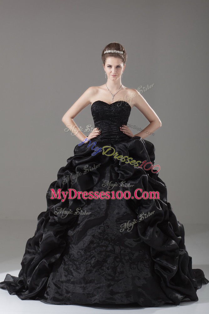 Embroidery and Pick Ups 15 Quinceanera Dress Black Lace Up Sleeveless Brush Train
