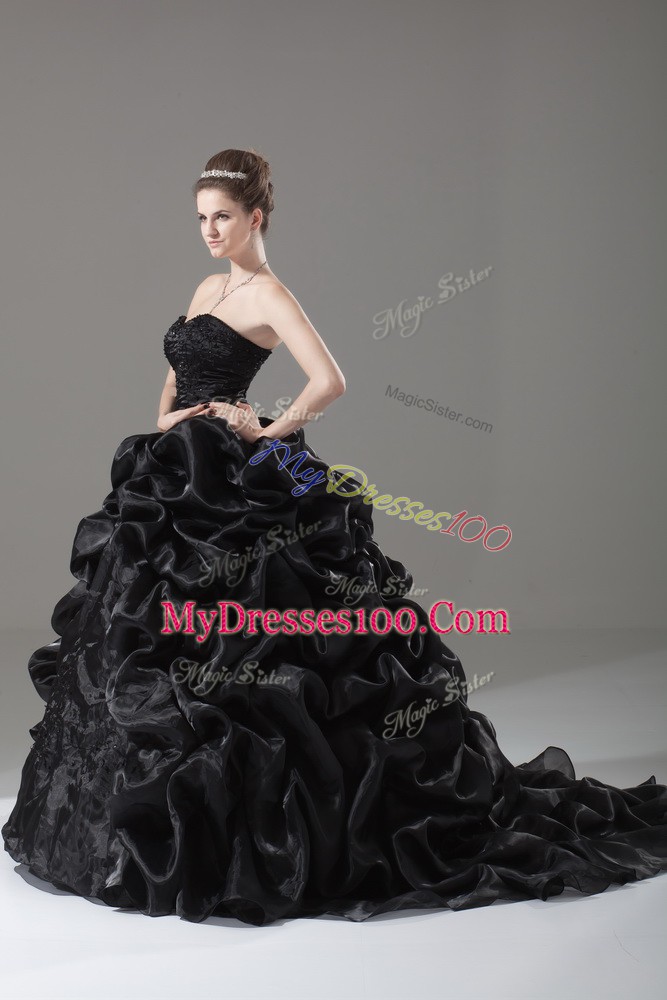 Embroidery and Pick Ups 15 Quinceanera Dress Black Lace Up Sleeveless Brush Train