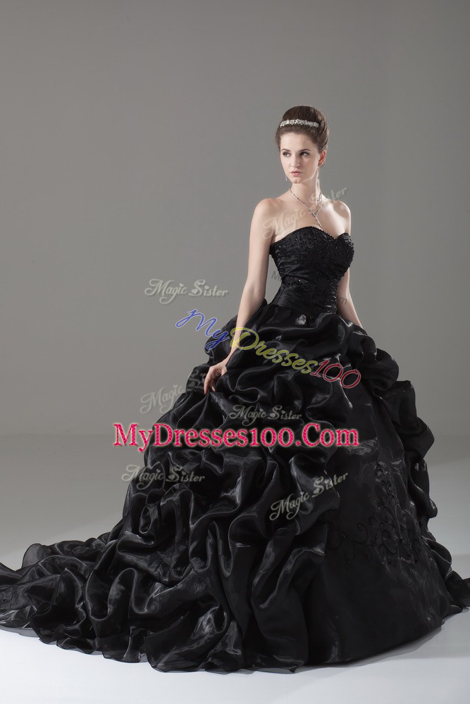 Embroidery and Pick Ups 15 Quinceanera Dress Black Lace Up Sleeveless Brush Train