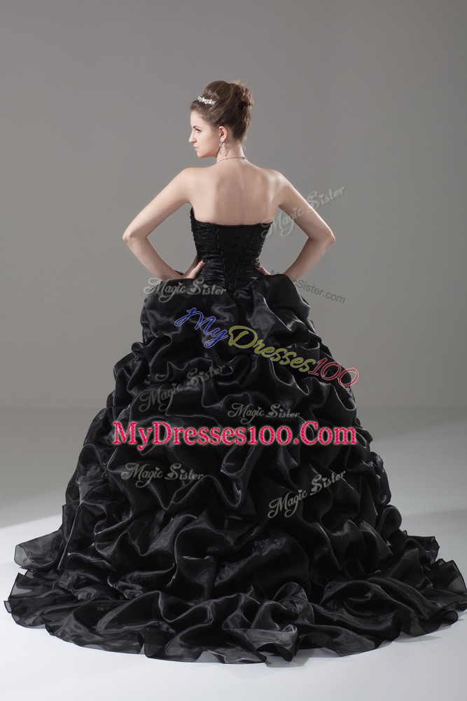 Embroidery and Pick Ups 15 Quinceanera Dress Black Lace Up Sleeveless Brush Train