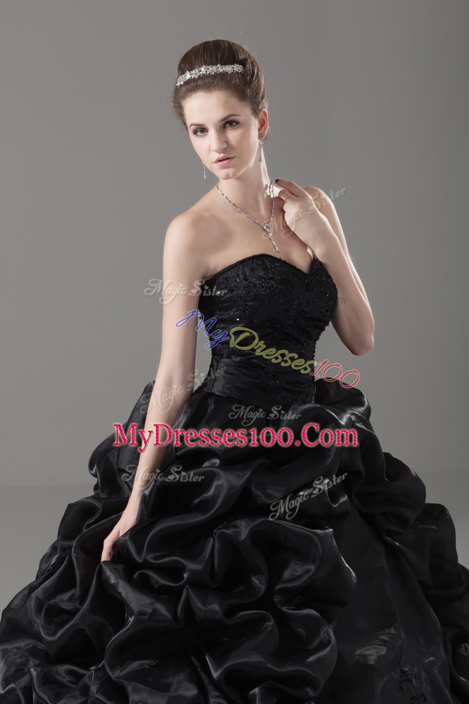 Embroidery and Pick Ups 15 Quinceanera Dress Black Lace Up Sleeveless Brush Train