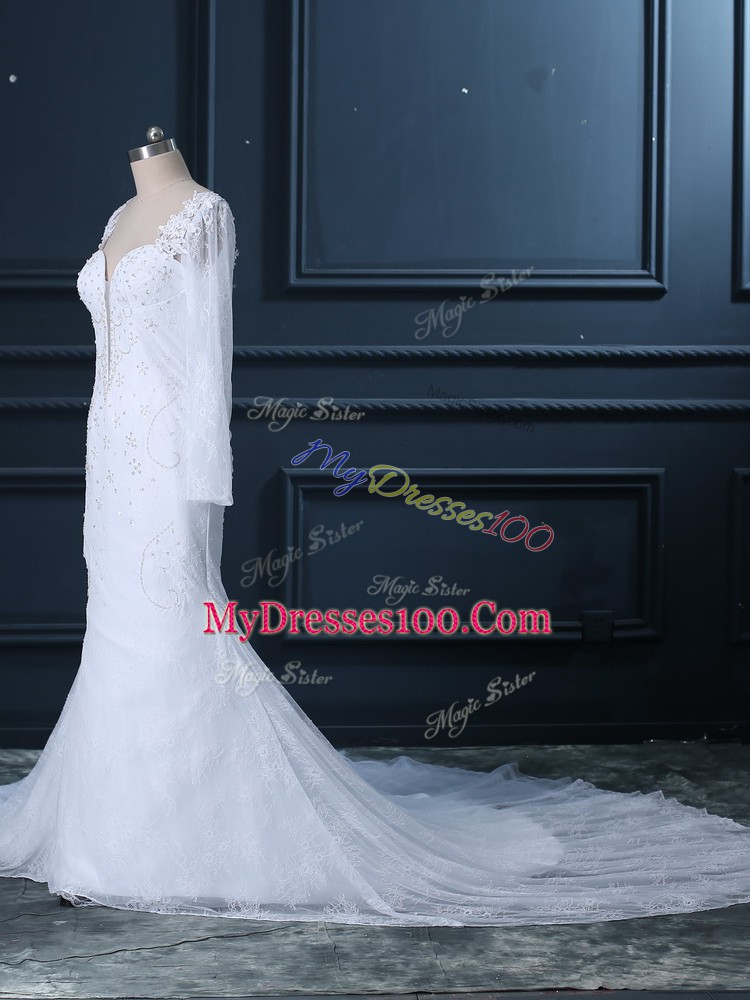 Tulle and Lace Long Sleeves Bridal Gown Court Train and Beading and Lace