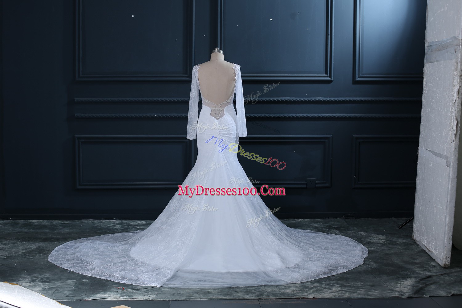 Tulle and Lace Long Sleeves Bridal Gown Court Train and Beading and Lace