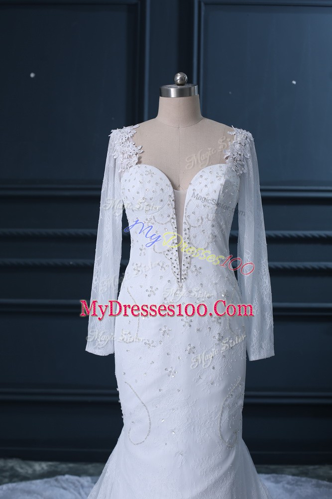 Tulle and Lace Long Sleeves Bridal Gown Court Train and Beading and Lace