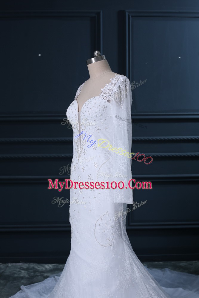 Tulle and Lace Long Sleeves Bridal Gown Court Train and Beading and Lace
