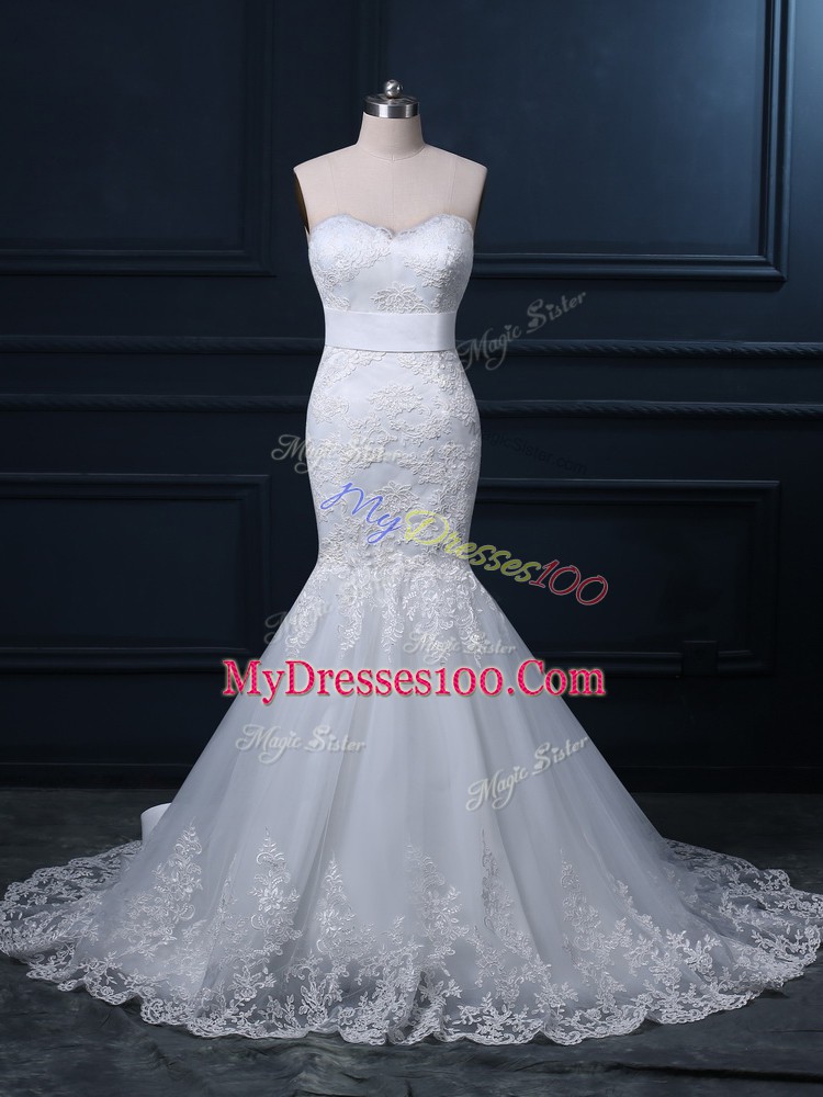 Excellent Tulle Sweetheart Sleeveless Brush Train Zipper Lace Wedding Gowns in White
