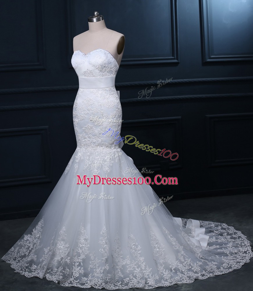 Excellent Tulle Sweetheart Sleeveless Brush Train Zipper Lace Wedding Gowns in White