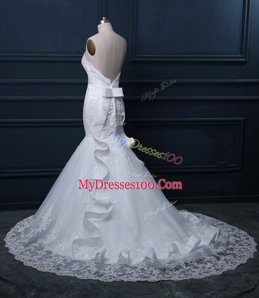 Excellent Tulle Sweetheart Sleeveless Brush Train Zipper Lace Wedding Gowns in White