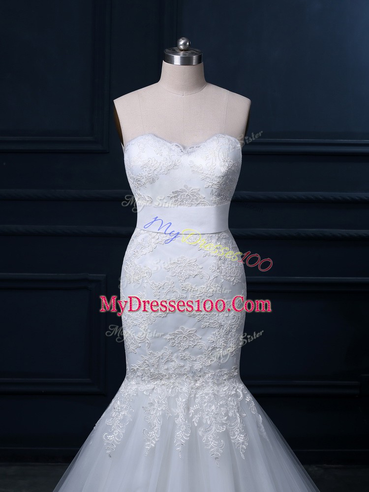 Excellent Tulle Sweetheart Sleeveless Brush Train Zipper Lace Wedding Gowns in White