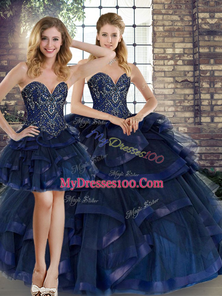 Sweetheart Sleeveless Lace Up Quinceanera Dresses Navy Blue Tulle