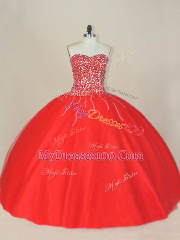 Sweetheart Sleeveless Tulle Vestidos de Quinceanera Beading Lace Up