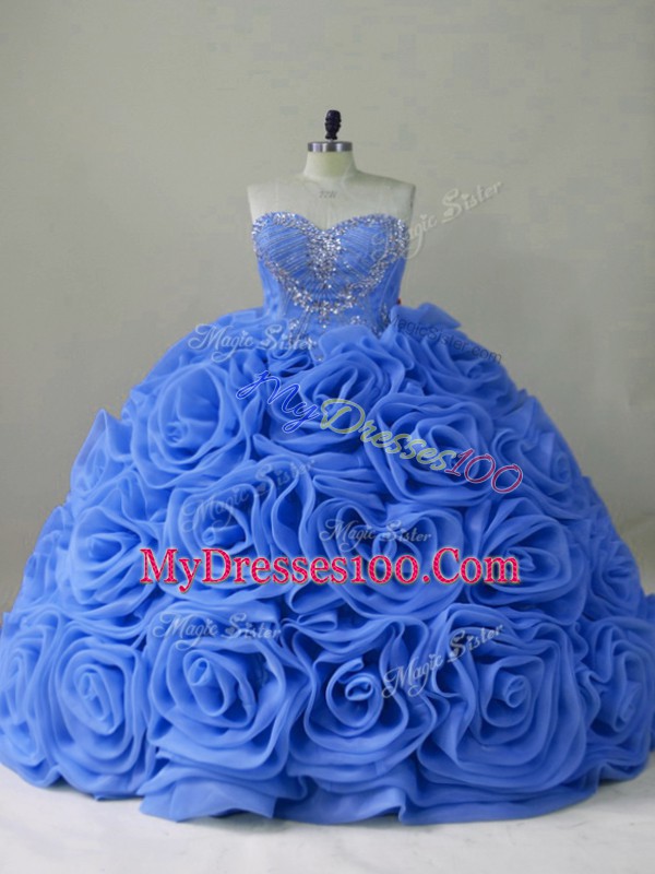 Sweetheart Sleeveless Organza Quince Ball Gowns Beading Brush Train Lace Up