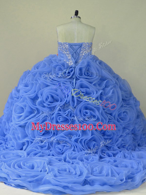 Sweetheart Sleeveless Organza Quince Ball Gowns Beading Brush Train Lace Up