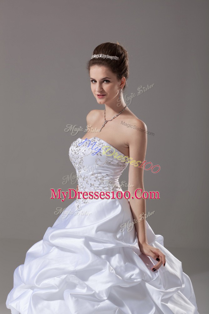 Luxurious White Ball Gowns Taffeta Strapless Sleeveless Beading and Embroidery and Pick Ups Lace Up Wedding Dress Brush Train
