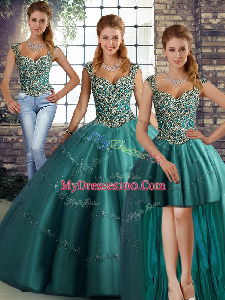 Flirting Three Pieces 15 Quinceanera Dress Teal Straps Tulle Sleeveless Floor Length Lace Up