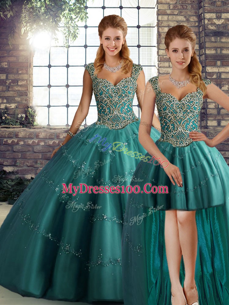 Flirting Three Pieces 15 Quinceanera Dress Teal Straps Tulle Sleeveless Floor Length Lace Up