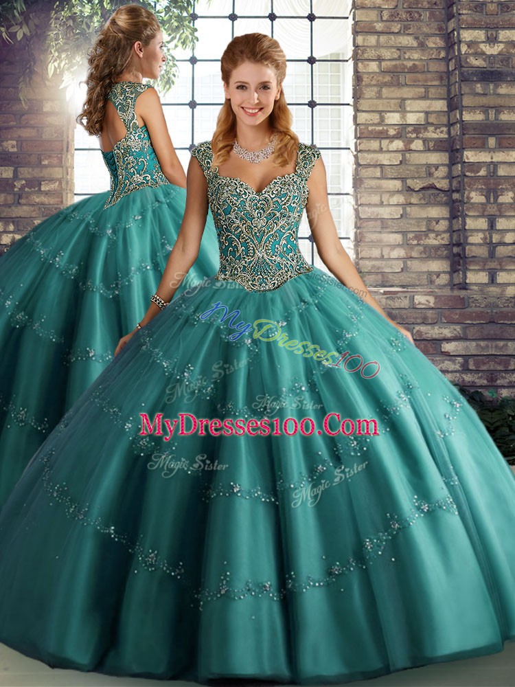 Flirting Three Pieces 15 Quinceanera Dress Teal Straps Tulle Sleeveless Floor Length Lace Up
